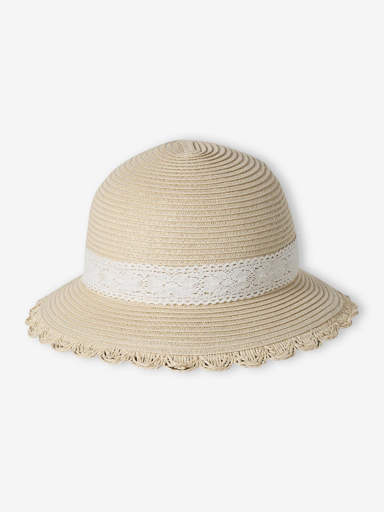 Hoed van stro en kant voor babymeisjes zandbeige