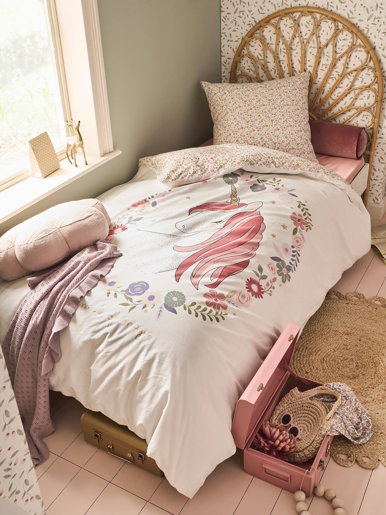 Dekbedovertrekset + kussensloop kind PETITE LICORNE, met gerecycled katoen wit, bedrukt afbeelding