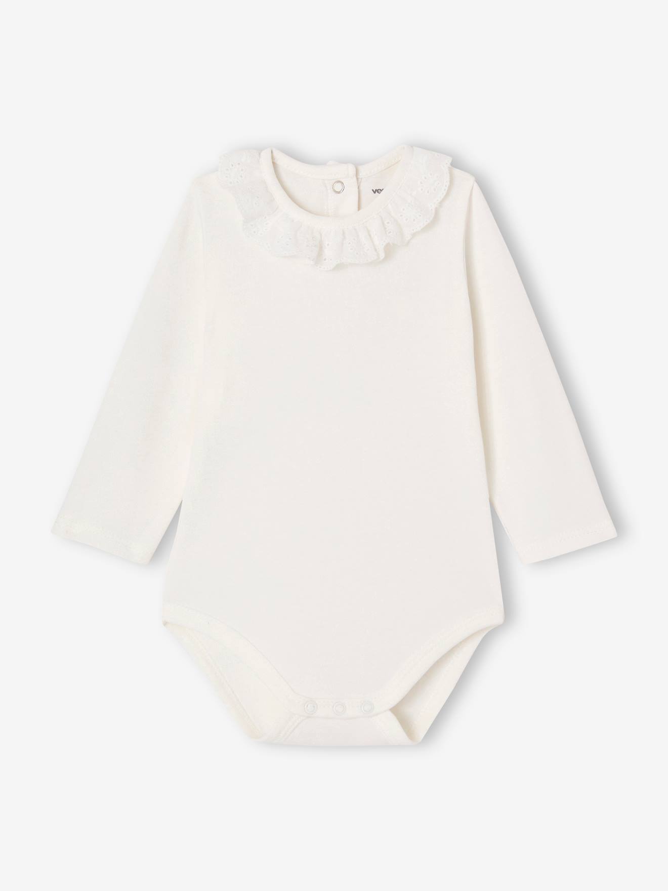 Babyromper met kraagje van Engels borduurwerk en lange mouwen ecru