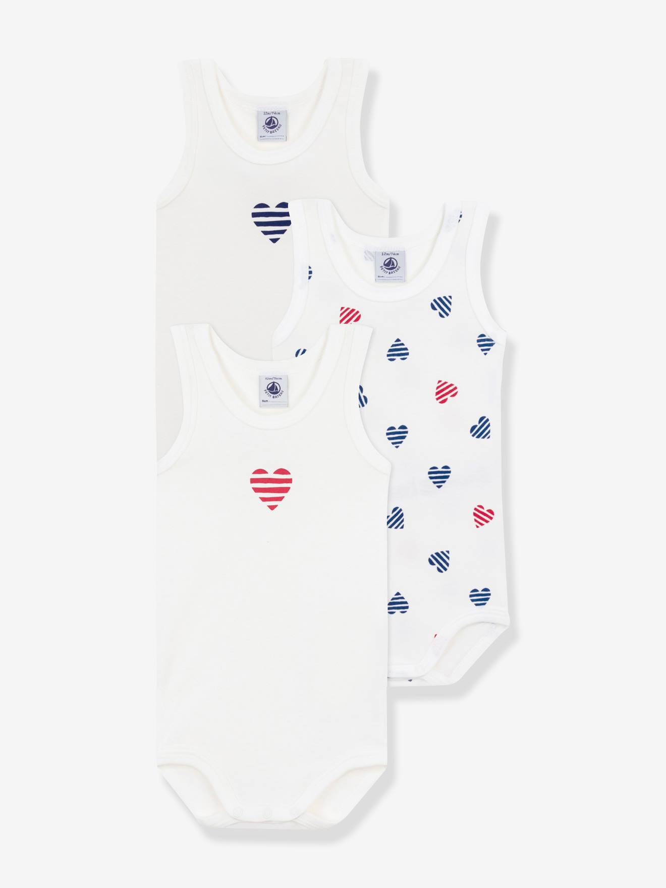 Set van 3 tanktops met gestreepte harten voor baby Petit Bateau wit afbeelding