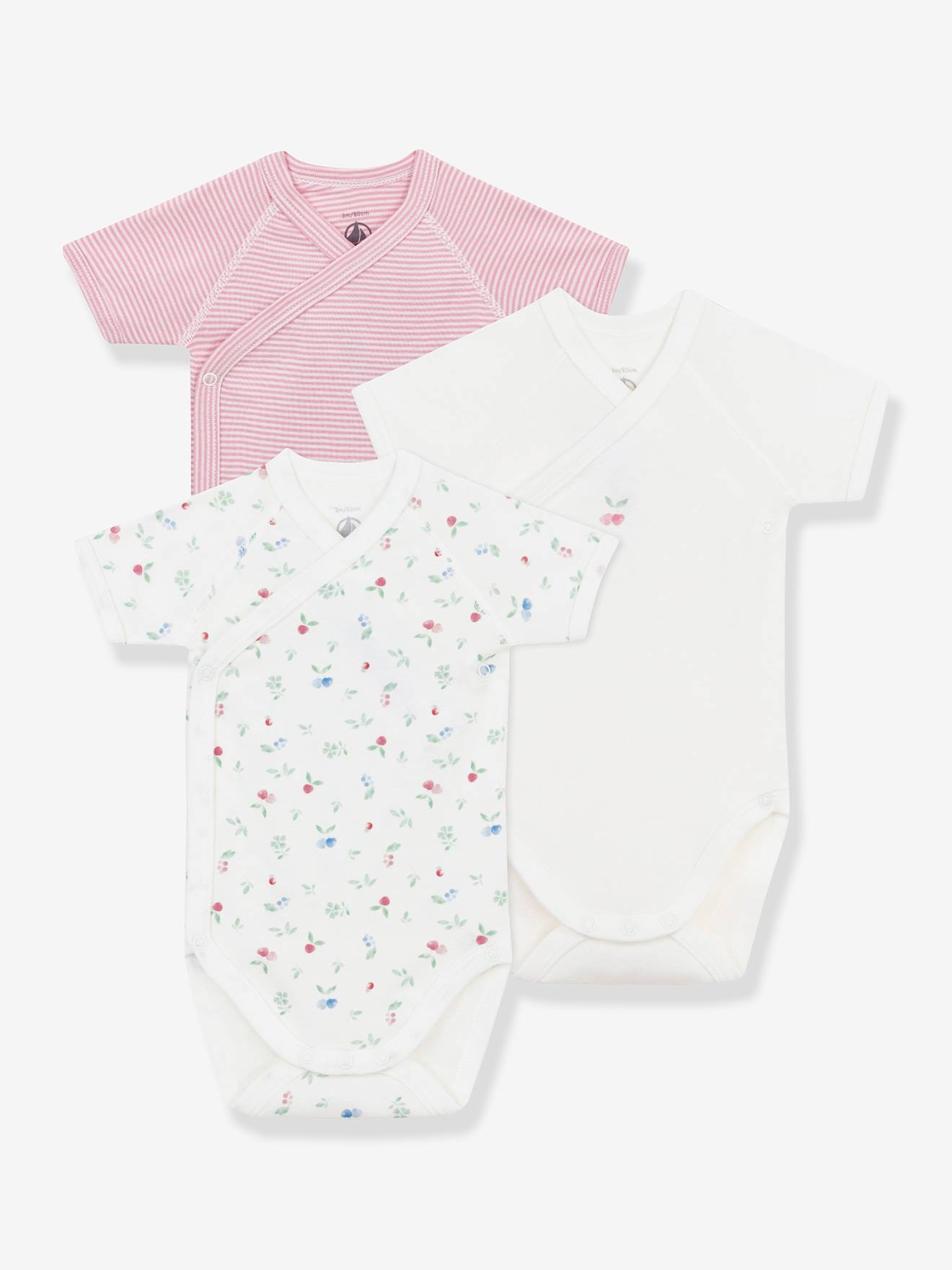 Set van 3 kruislings geknoopte baby-body's met korte mouwen PETIT BATEAU rozen afbeelding