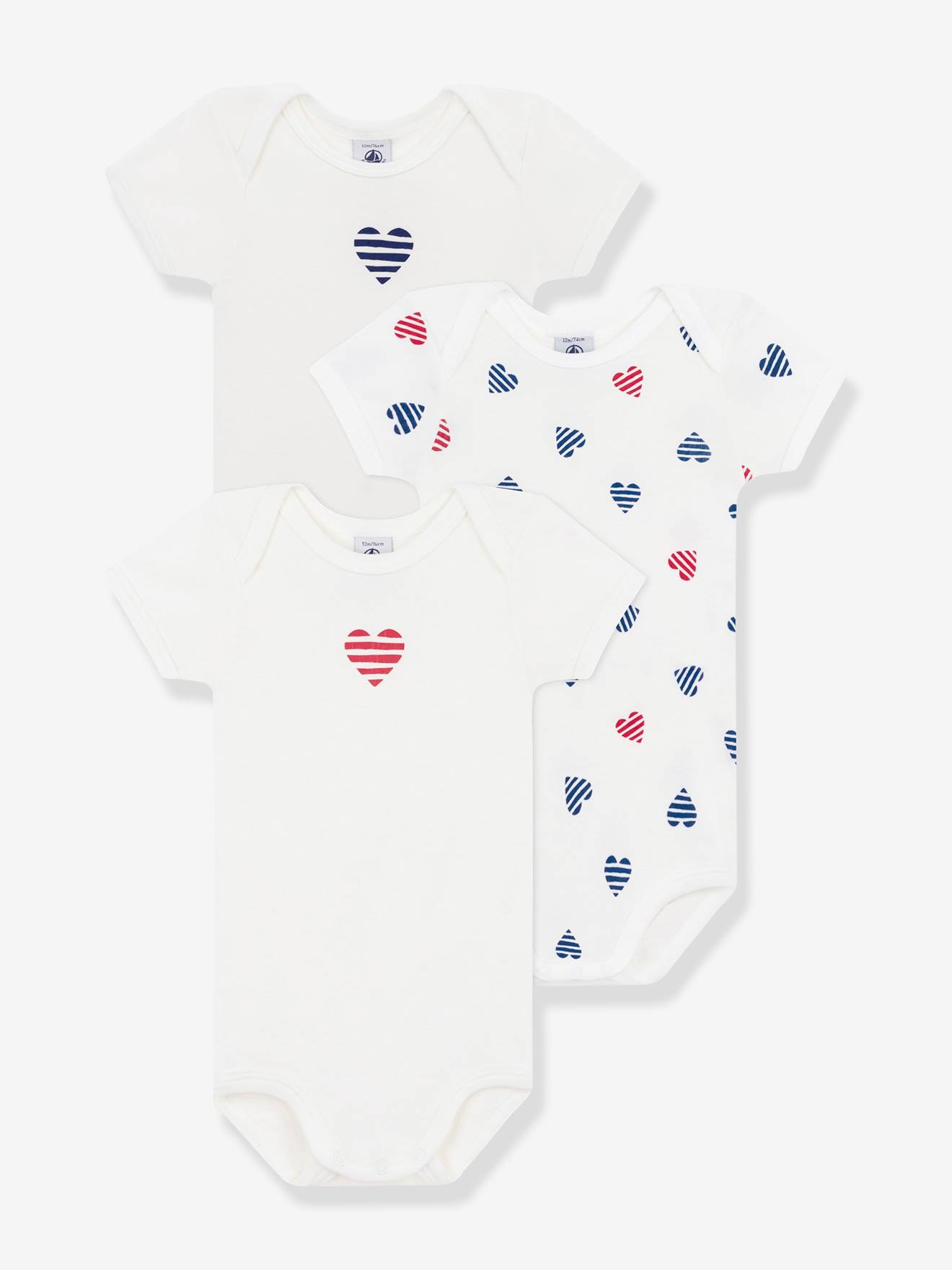 Set van 3 PETIT BATEAU baby rompers met korte mouwen en gestreepte hartjes wit afbeelding