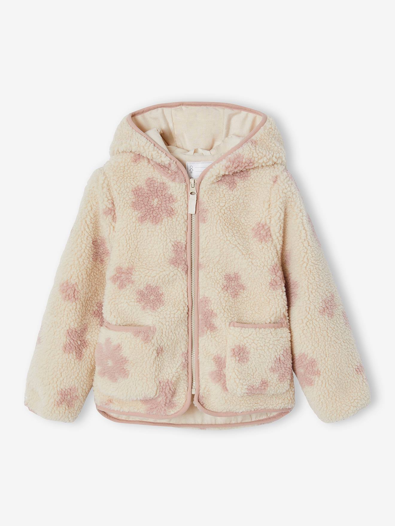 Sherpa vest met capuchon en bloemenprint voor meisjes vanille