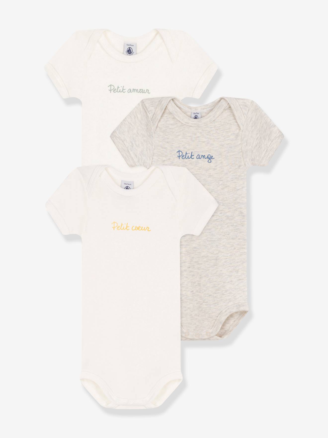 Set van 3 rompertjes met korte mouwen Petit coeur baby PETIT BATEAU wit afbeelding