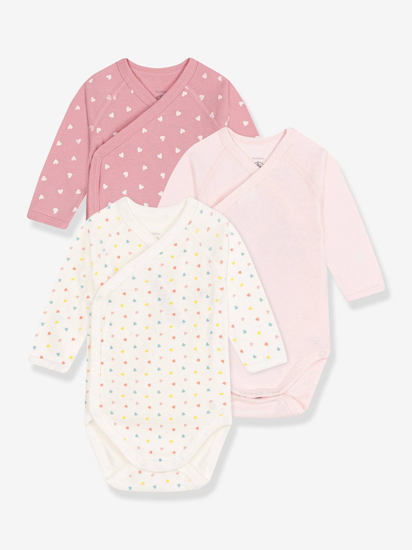 Set van 3 kruislings lange mouwen baby lichamen harten PETIT BATEAU wit afbeelding