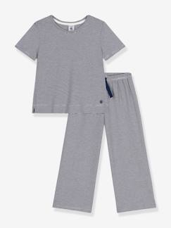 Meisje-Pyjama, surpyjama-Pyjama kind met korte mouwen en wijde pijpen, gestreept PETIT BATEAU