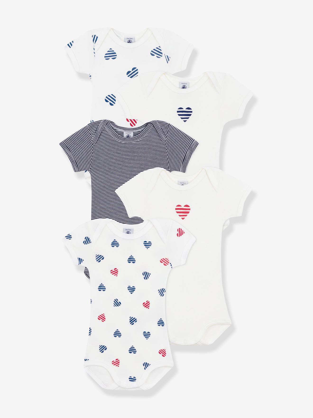 Set van 5 baby-body's met korte mouwen en gestreepte hartjes PETIT BATEAU wit afbeelding