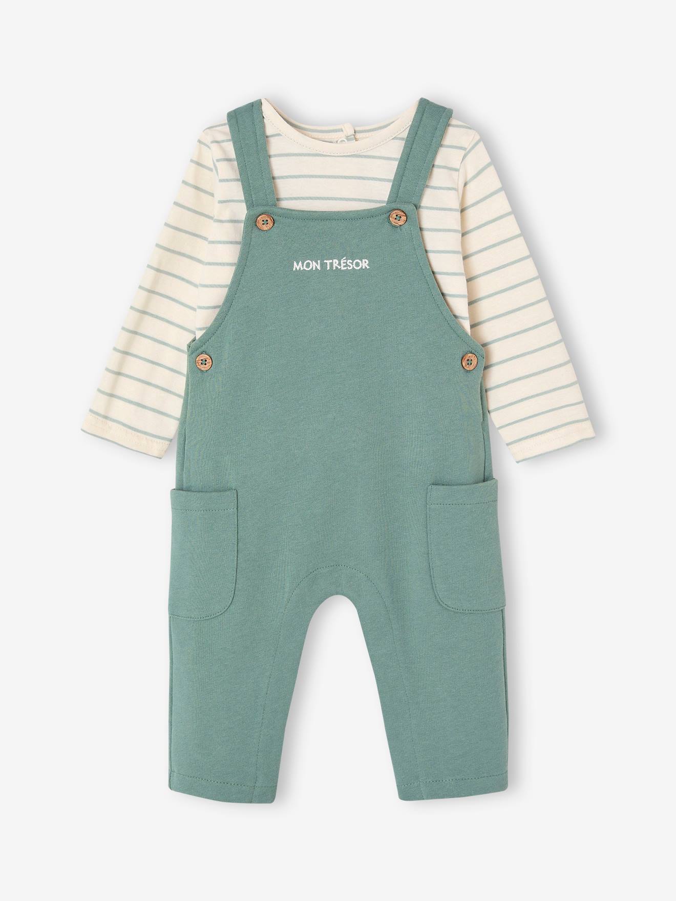Fleece babyset met te personaliseren T-shirt en tuinbroek smaragdgroen