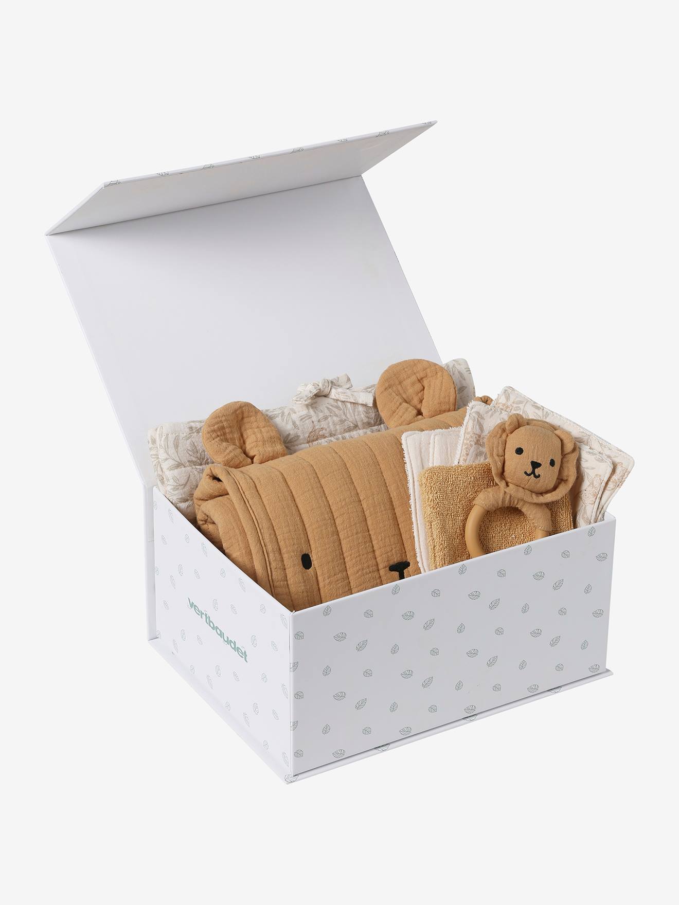 8-delige kraamcadeauset: 1 rammelaar, 1 aankleedkussen, 5 doekjes, 1 etui okergeel