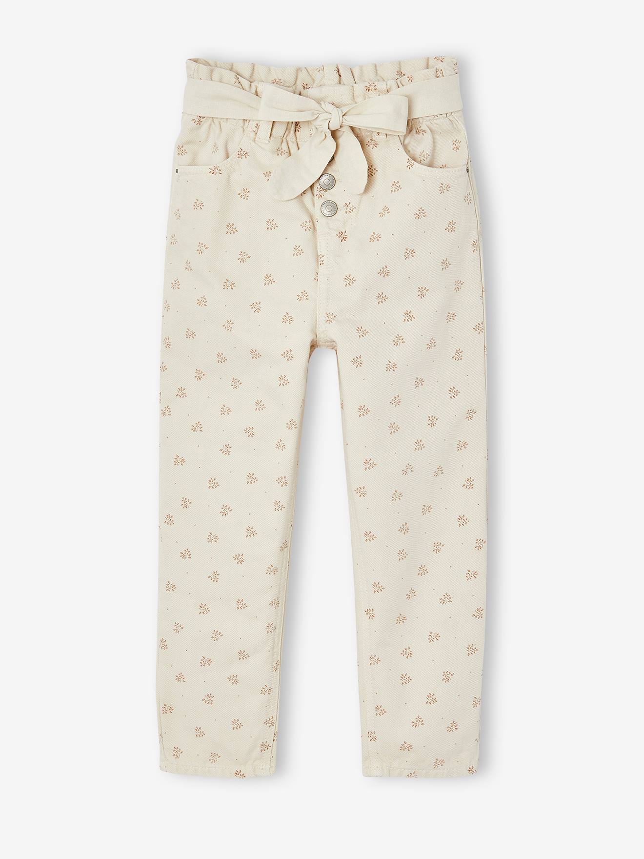 Paperbag broek voor meisjes met sjaal-riem met bloemen vanille