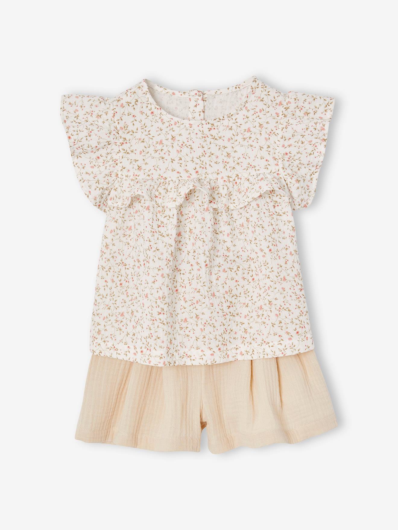 Feestelijk setje voor meisjes blouse en short van katoengaas wit