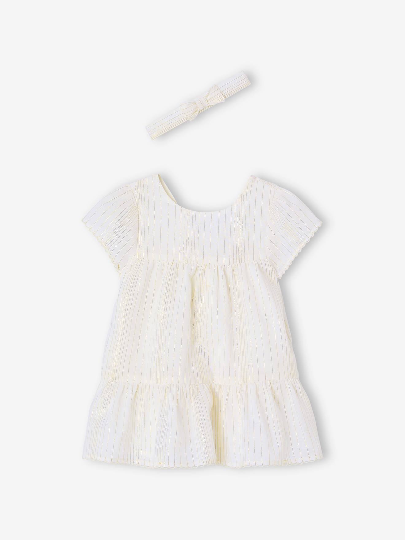 Feestelijke set met gestreepte jurk met glinsterdraad + bijpassend hoofdband voor baby wit, gestreept