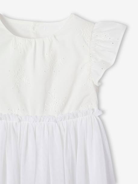 Ceremoniejurk met twee materialen in broderie anglaise en tule voor meisjes wit - vertbaudet enfant 