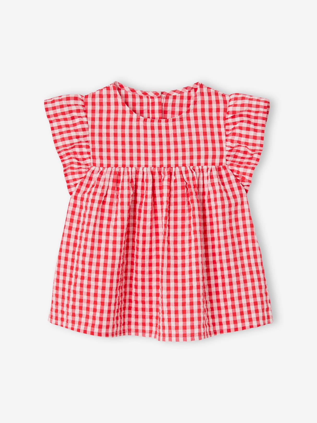 Gebloemde meisjesblouse met korte mouwen en ruches rood, geruit