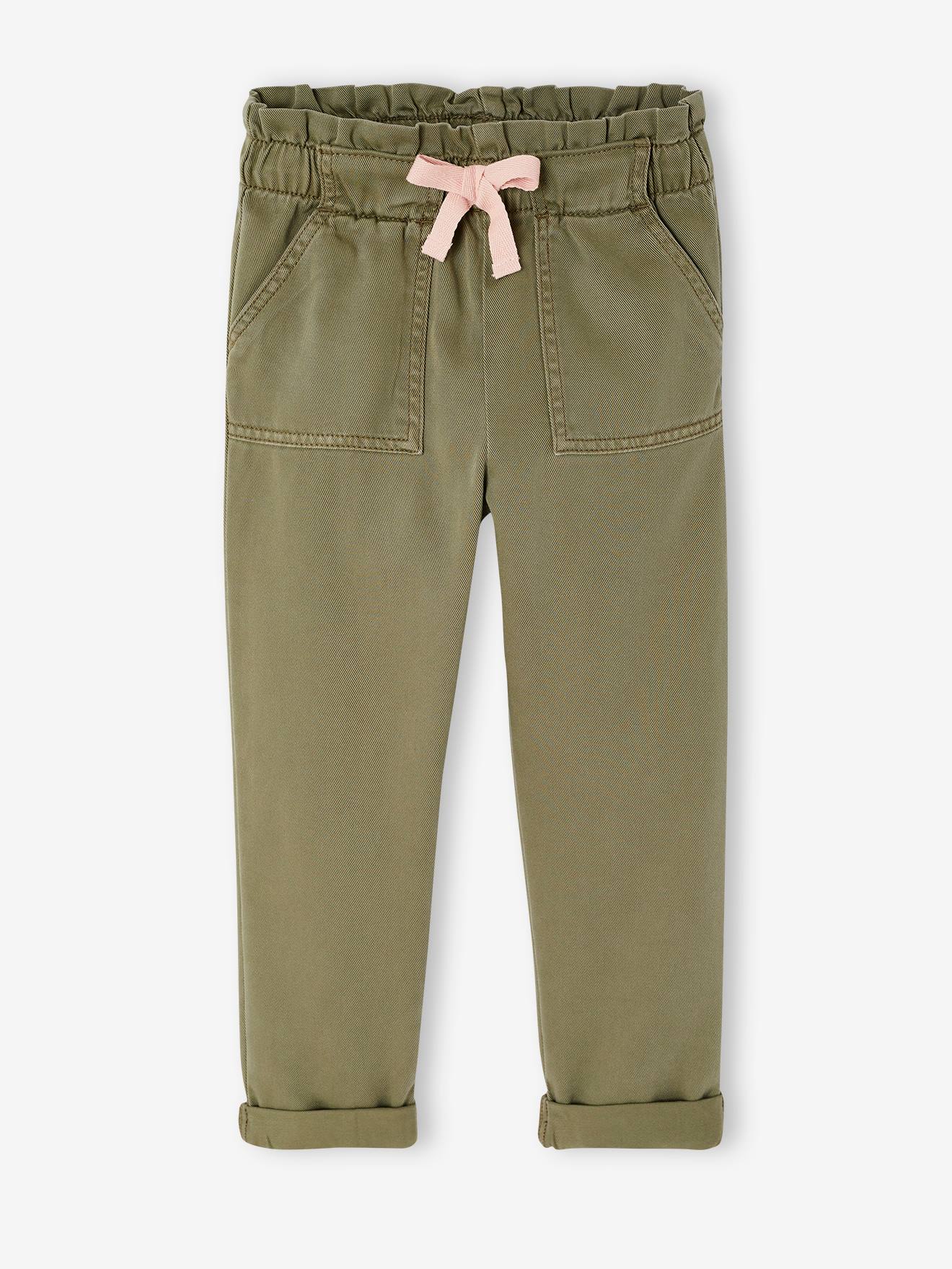 Soepele meisjesbroek in 'paperbag'-stijl kaki