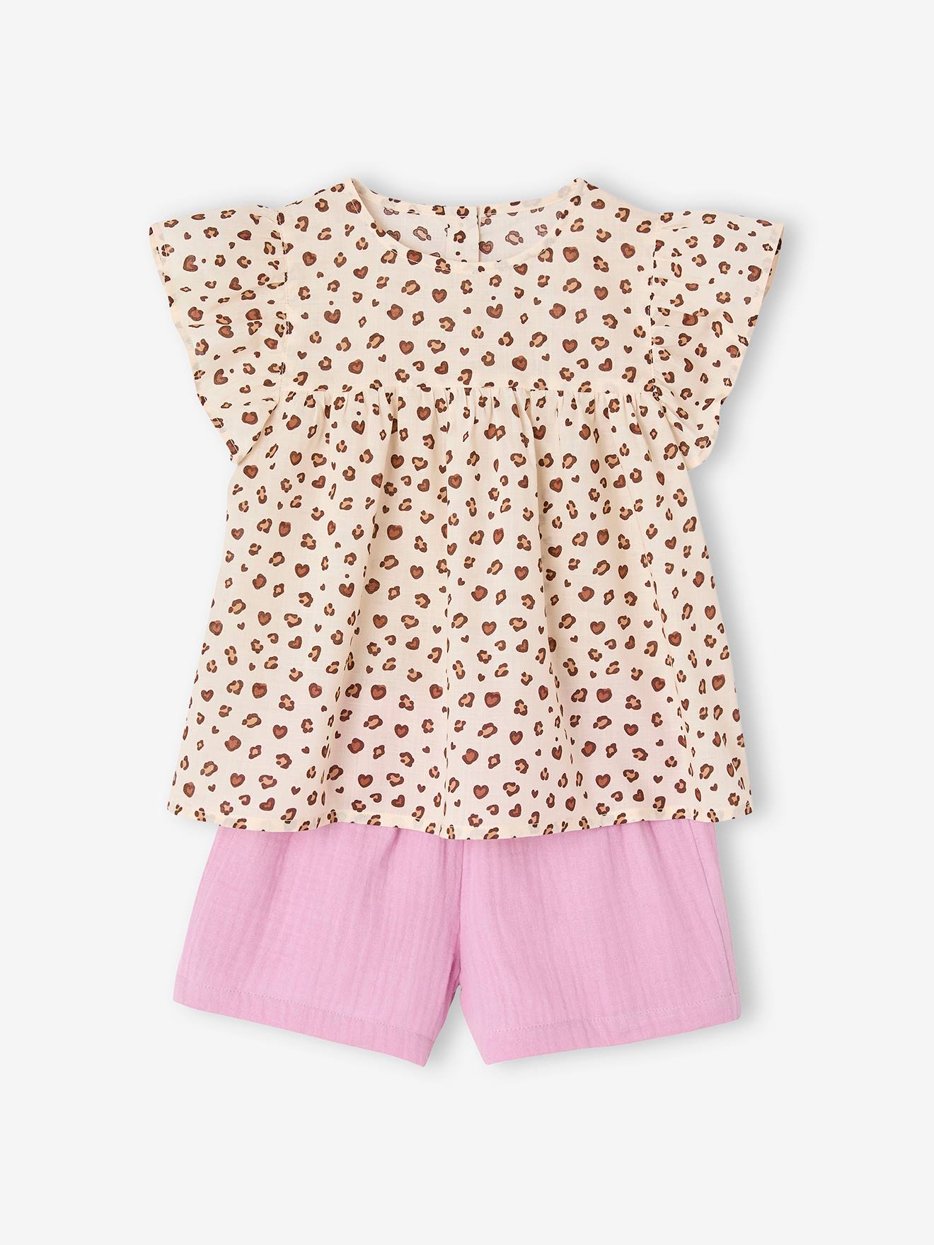 Set blouse met bloemen en short van katoengaas voor meisjes lila