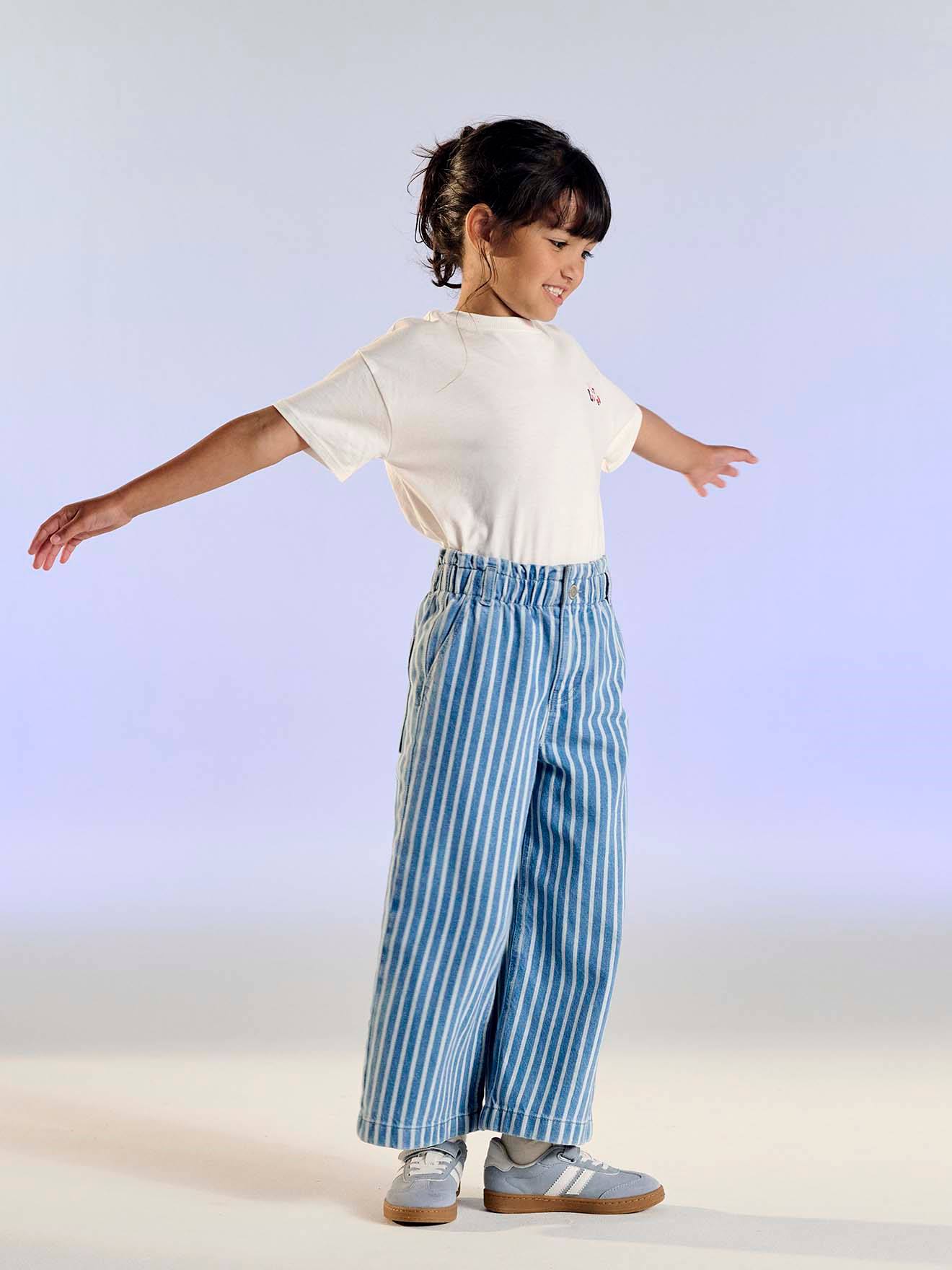 Wijde jeans in paperbagstijl met bloemmotieven voor meisjes blauw, gestreept