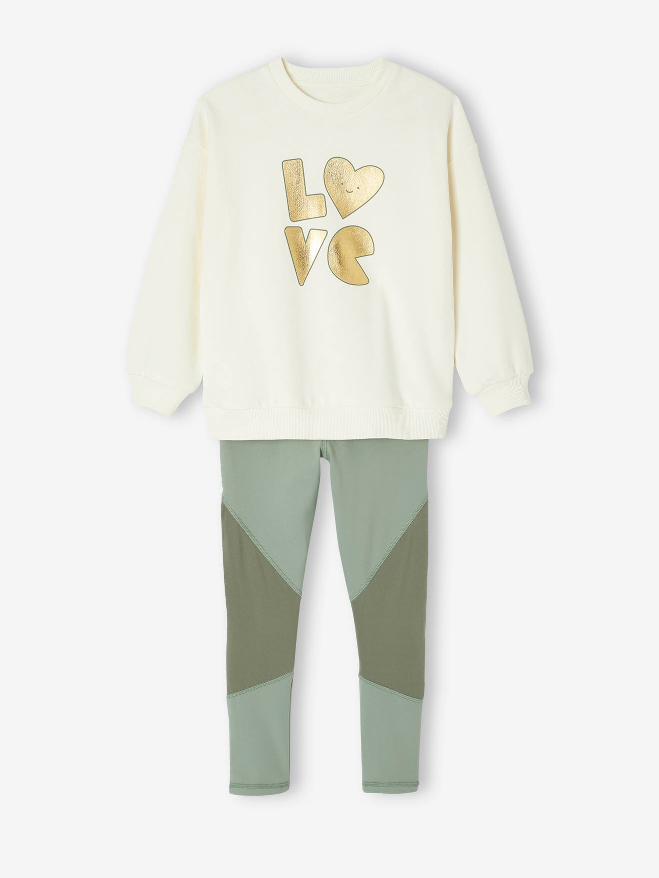 Meisjes sportset sweatshirt met goudmotief + legging saliegroen