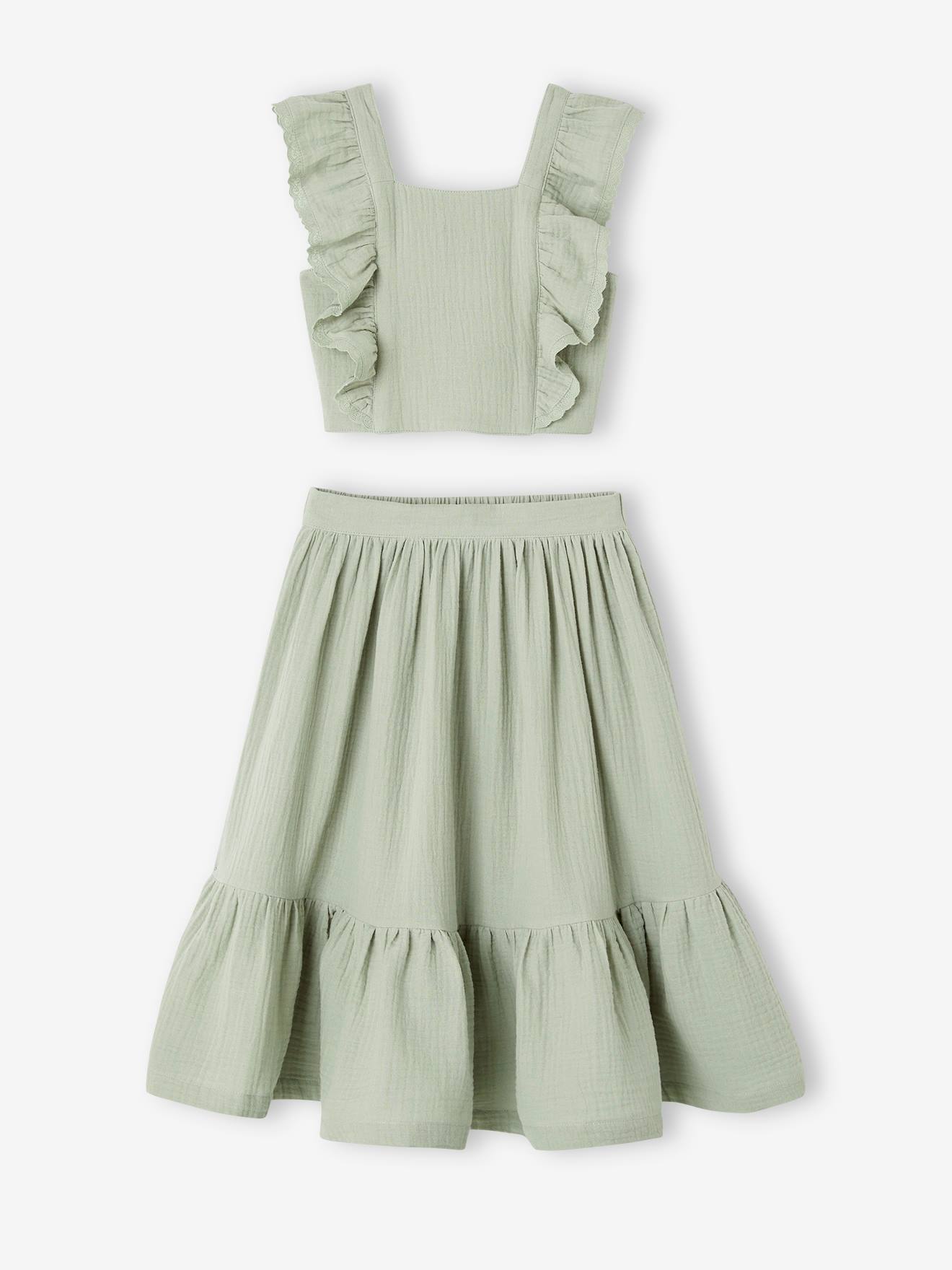Ceremonie-set blouse en rok met volant voor meisjes saliegroen
