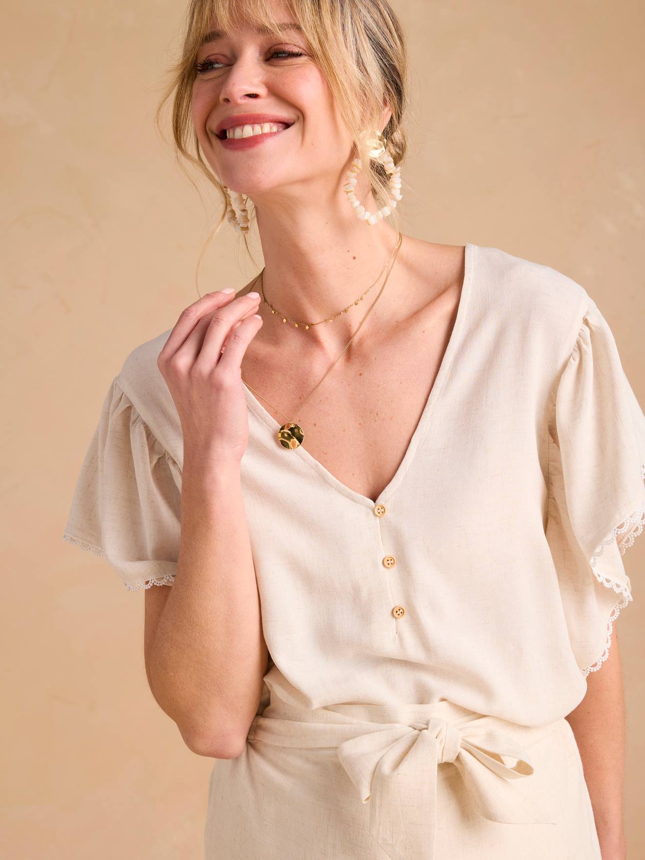 Zwangerschaps- en voedingsblouse met linnen ENVIE DE FRAISE beige afbeelding