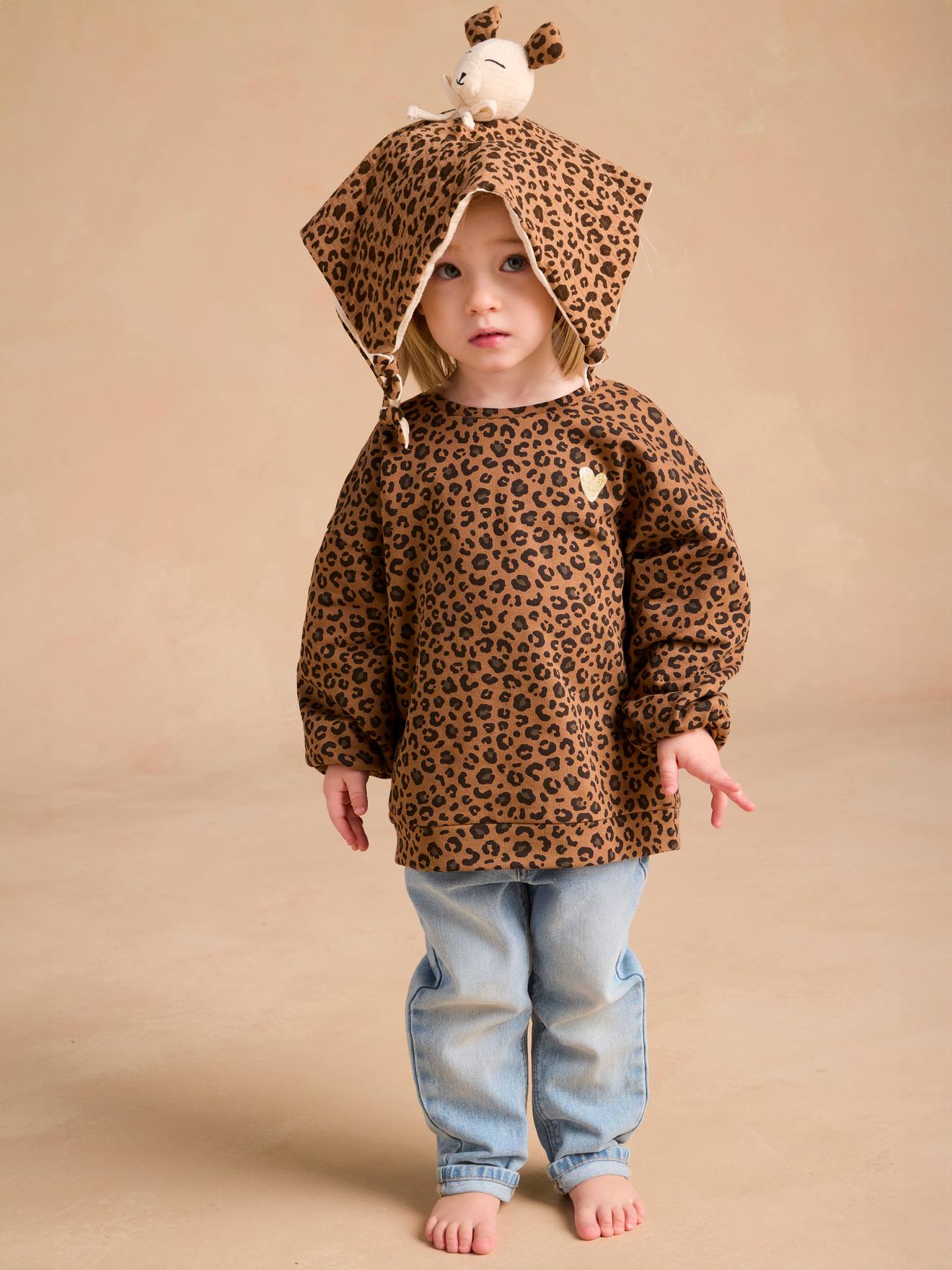 Meisjestrui met luipaardprint en hartjesmotief, ENVIE DE FRAISE moeder-dochter-capsulecollectie beige