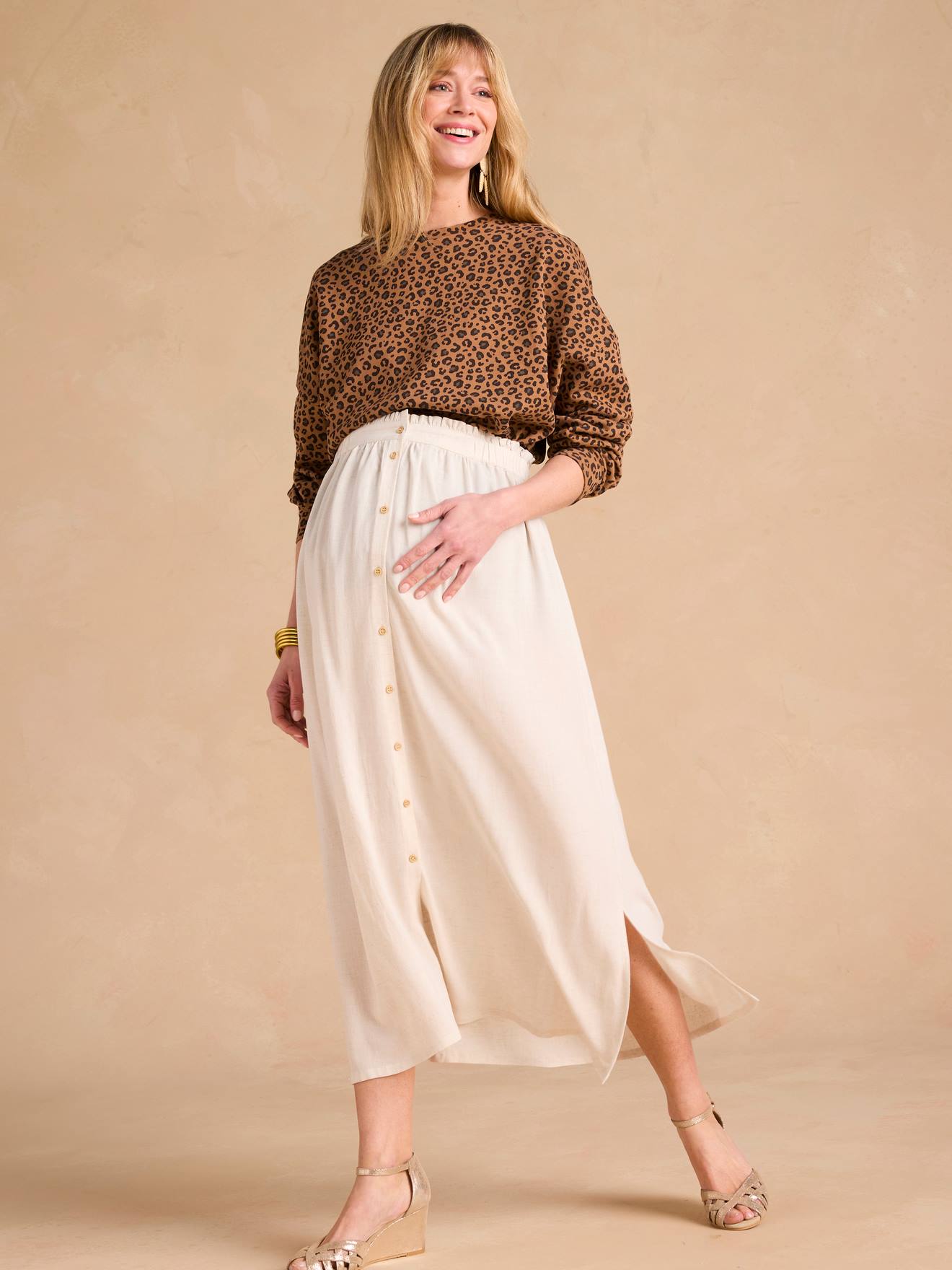 Lange zwangerschapsrok van viscose en lin ENVIE DE FRAISE beige