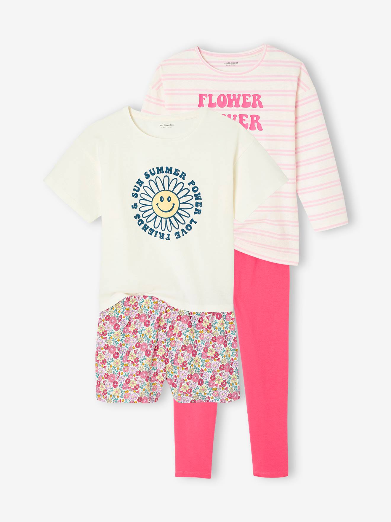 Set van 2 pyjama's Basics meisje Flower power fuchsia