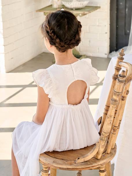 Ceremoniejurk met twee materialen in broderie anglaise en tule voor meisjes wit - vertbaudet enfant 