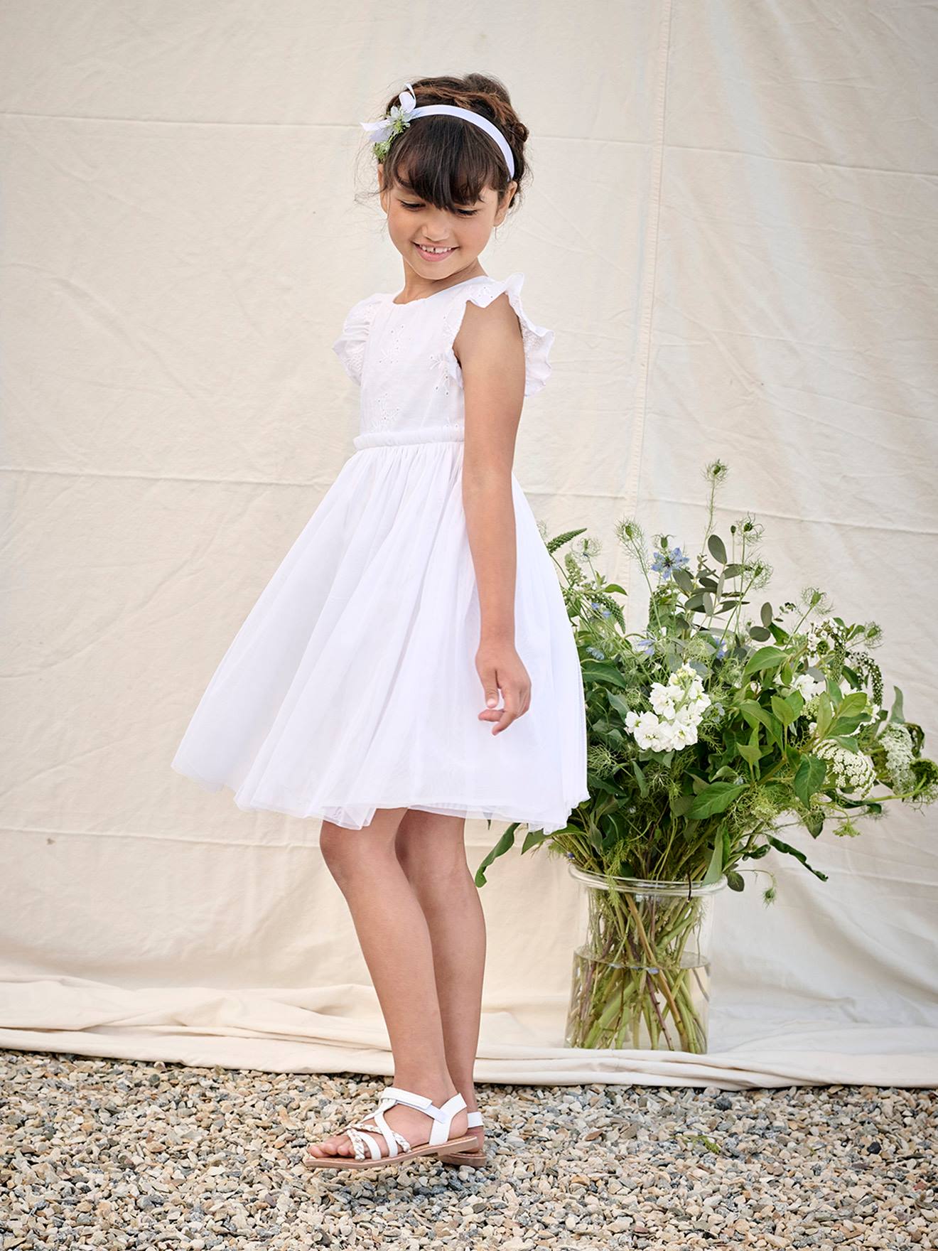 Ceremoniejurk met twee materialen in broderie anglaise en tule voor meisjes wit