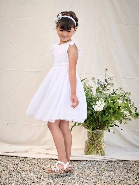 Ceremoniejurk met twee materialen in broderie anglaise en tule voor meisjes wit - vertbaudet enfant 