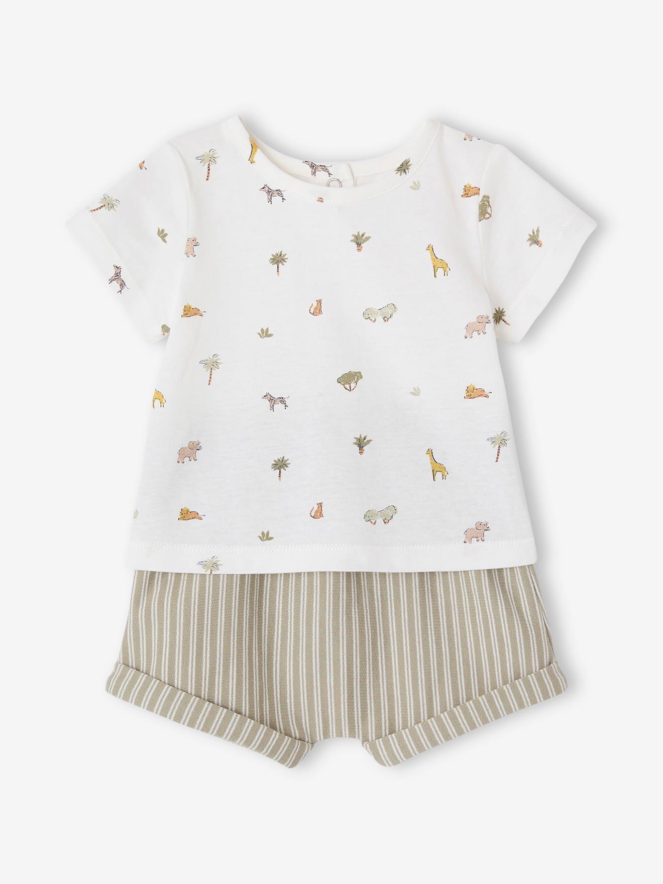 Geboorteset bedrukt T-shirt en gestreepte short kaki