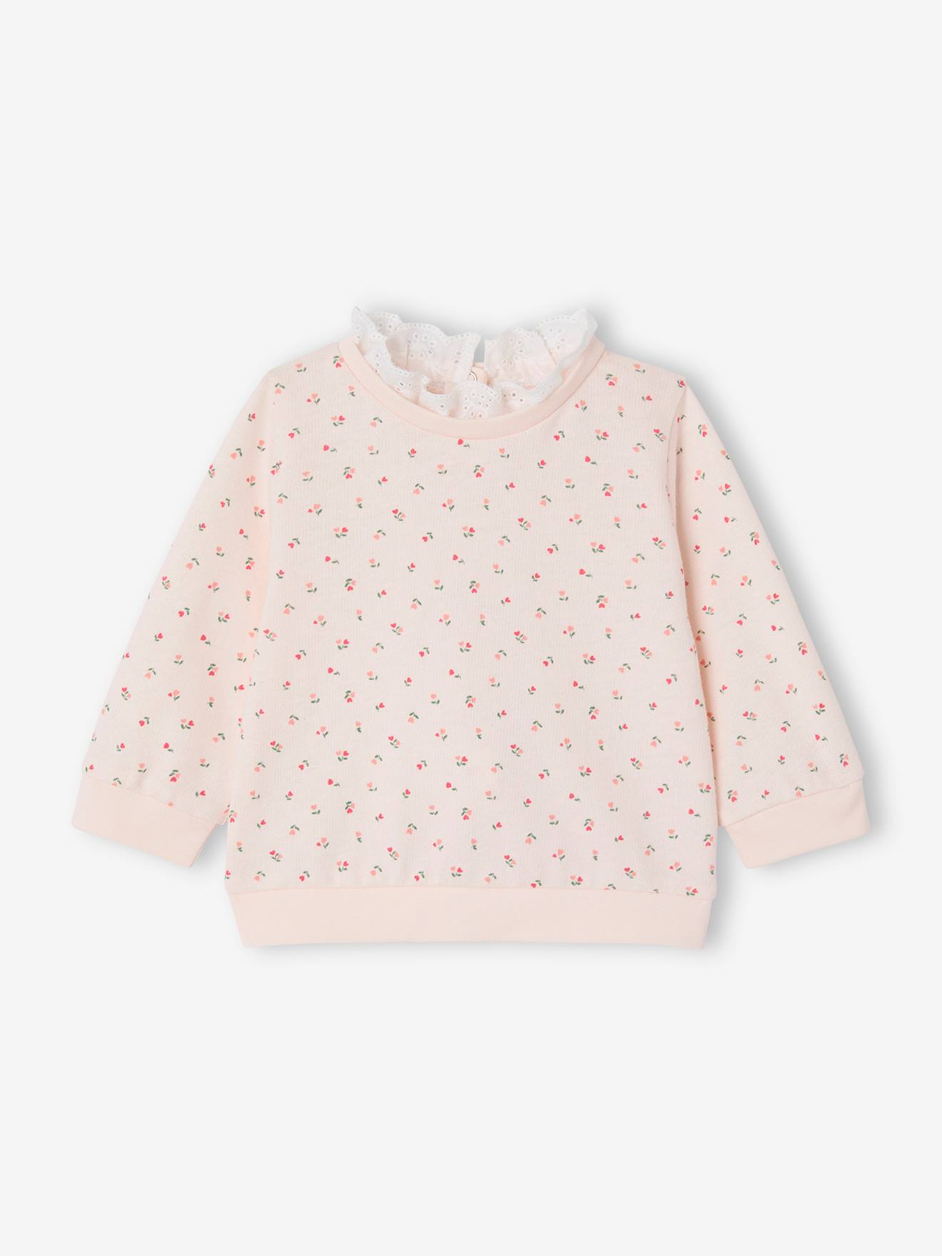 Babysweatshirt met bloemenprint en geborduurde kraag lichtroze