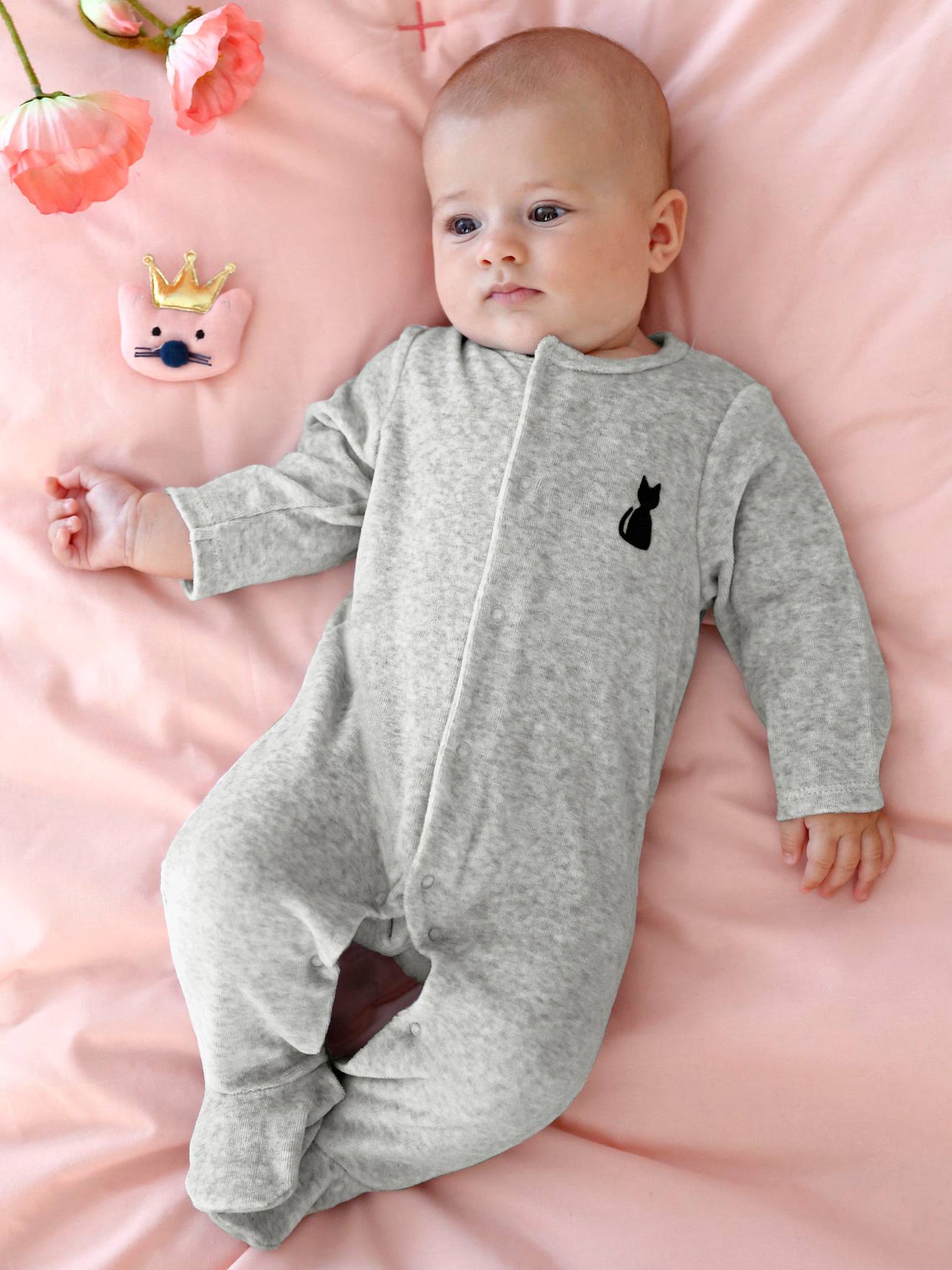 Fluwelen baby-pyjama bio fantasie rug grijs chiné.