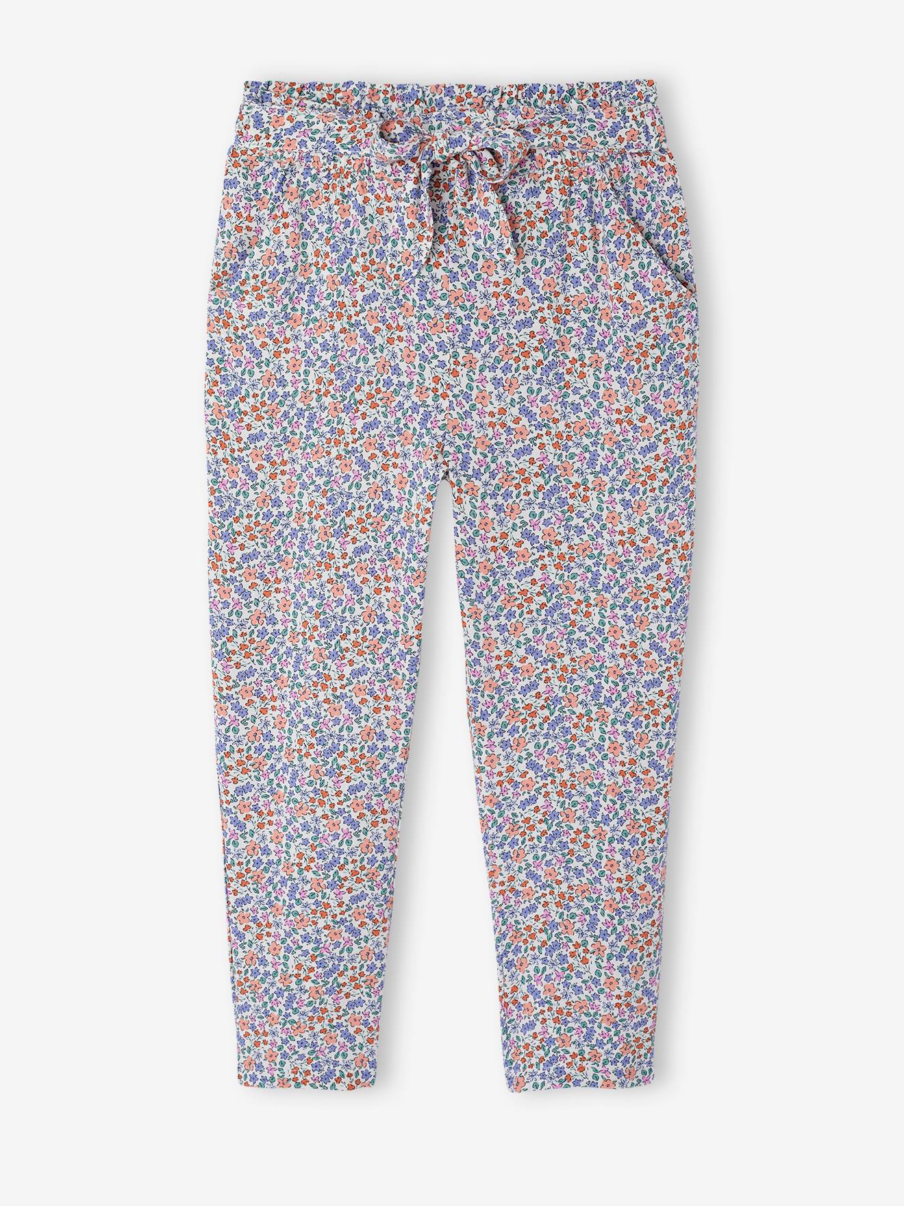 Driekwartmeisjesbroek voor meisjes met bloemenprint vanille
