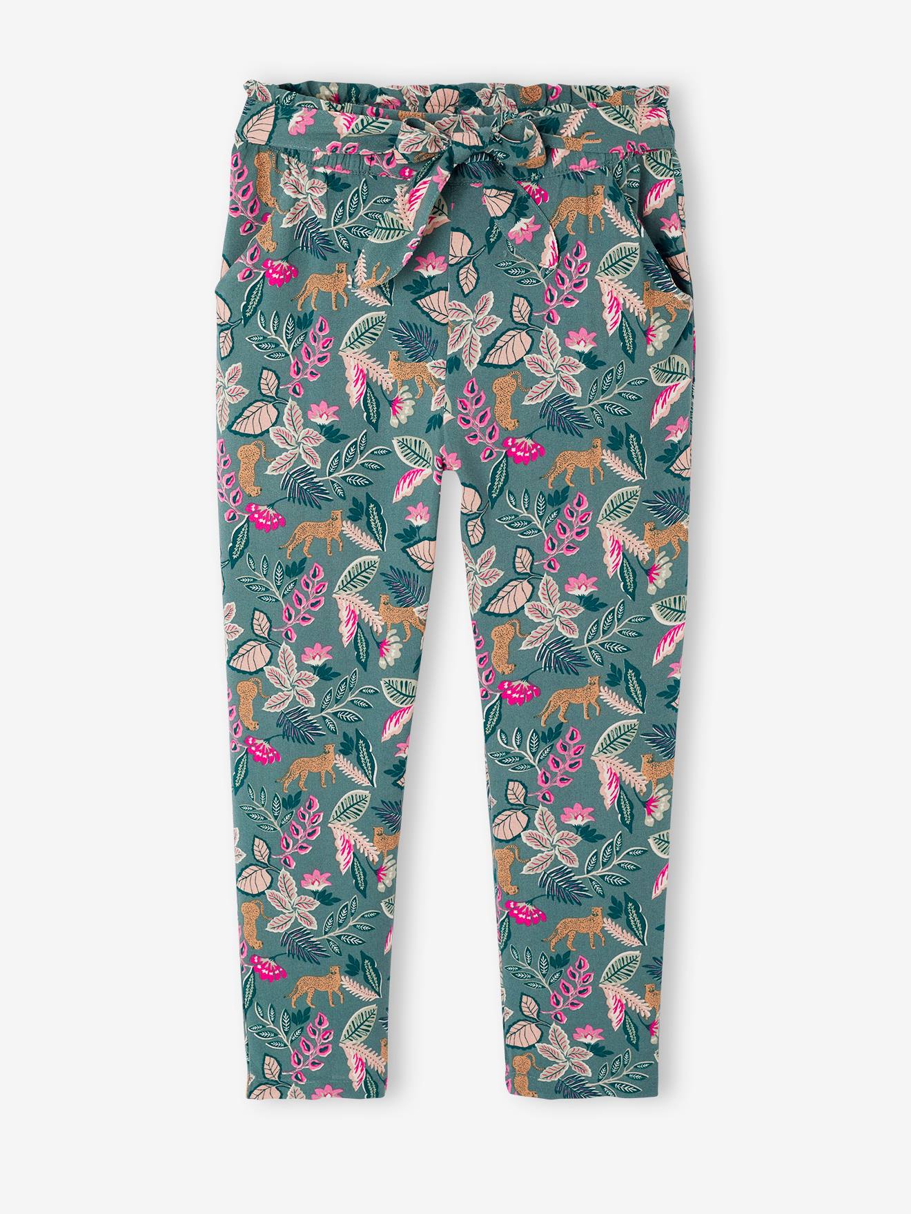 Driekwartmeisjesbroek voor meisjes met bloemenprint smaragdgroen