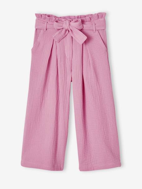 Wijde korte broek 'paperbag' voor meisjes, van katoengaas beige+lila+oudroze+saliegroen+wit - vertbaudet enfant 