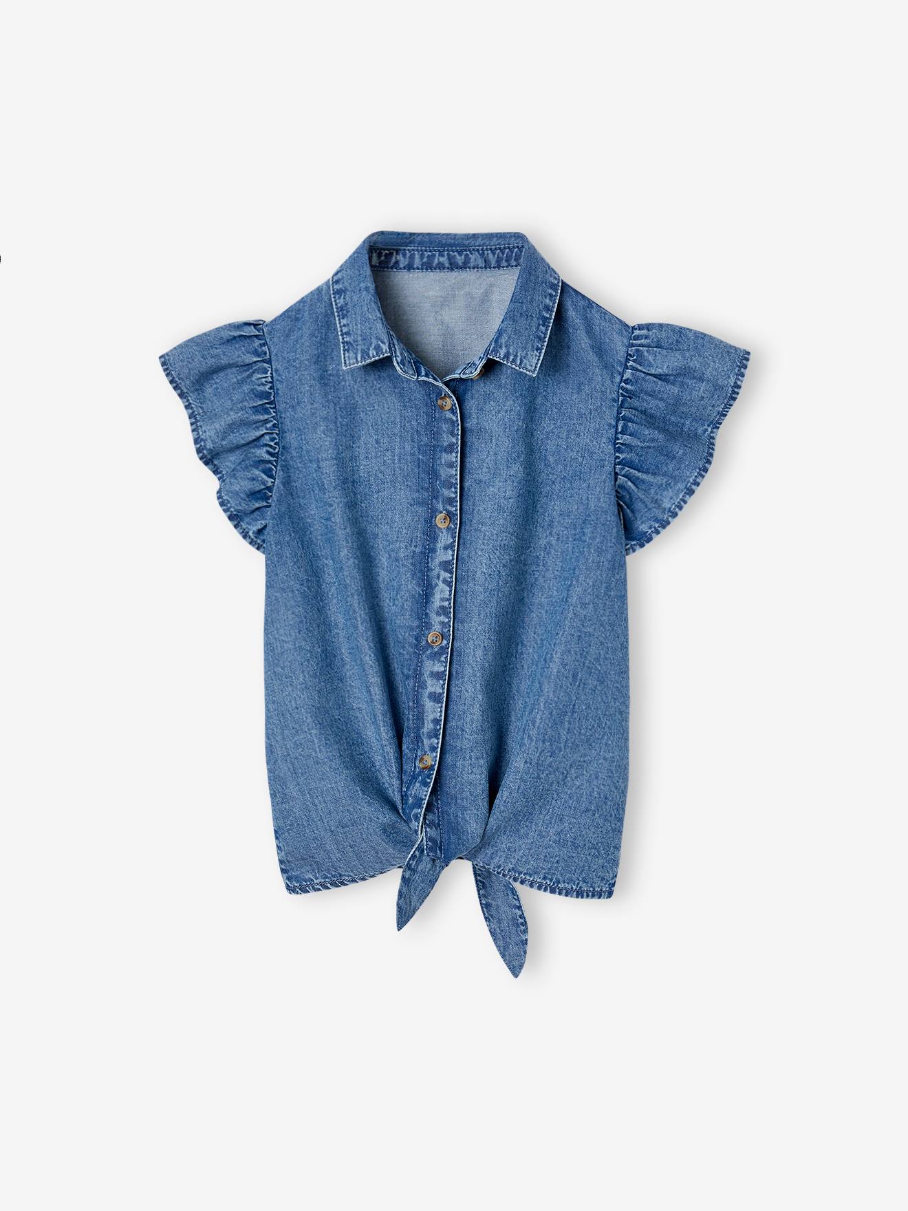 Denim blouse met strik voor meisjes middenblauw