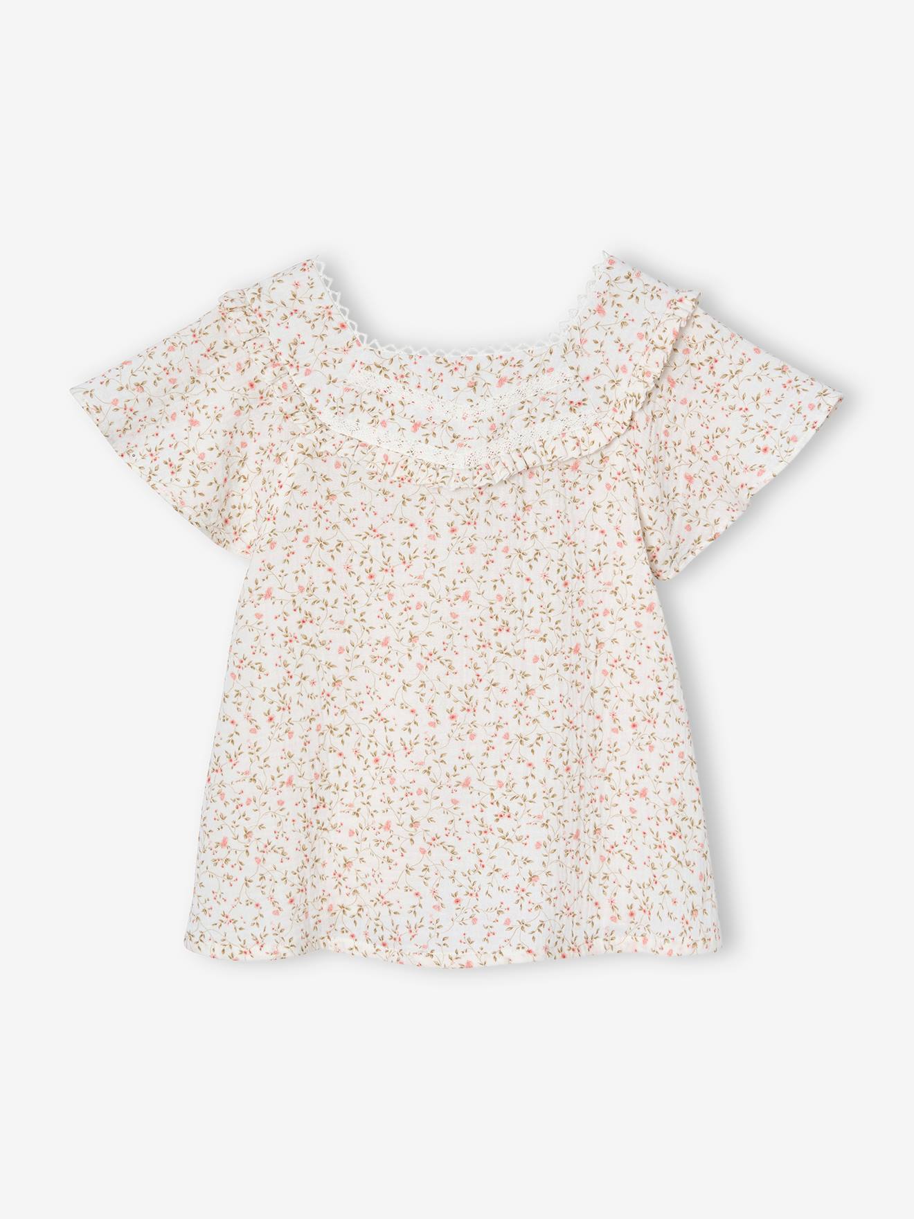Feestelijke meisjesblouse met bloemetjes van katoengaas roze, bedrukt