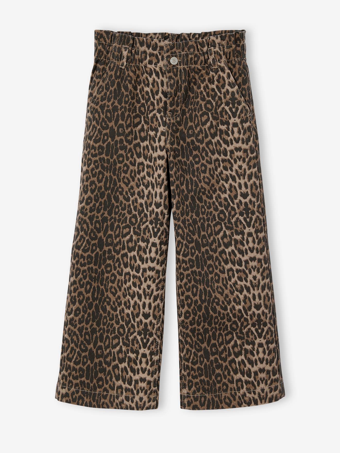 Wijde 'paperbag' meisjesbroek met luipaardprint beige