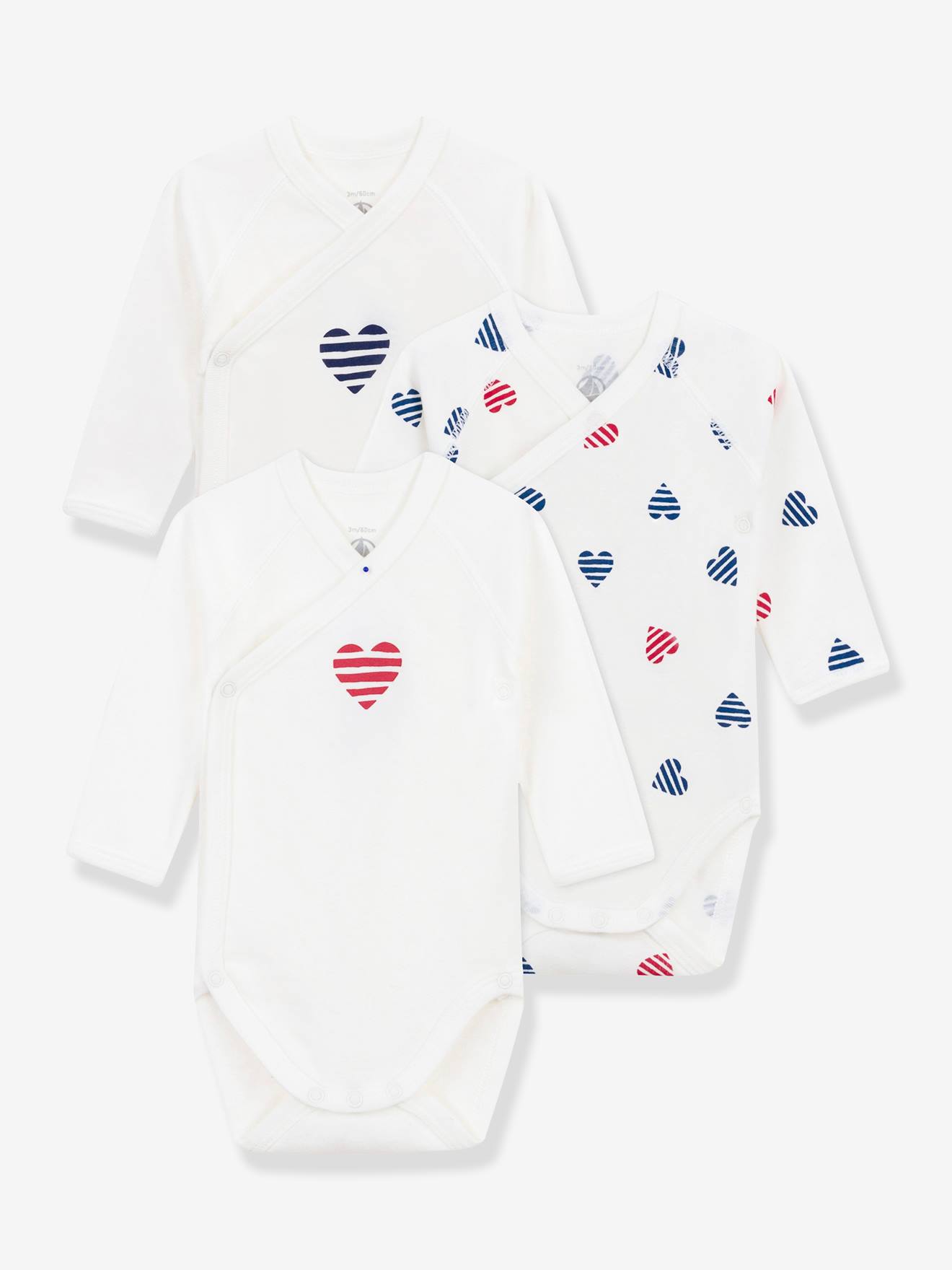 Set van 3 gekruiste body's van katoen voor baby's met gestreepte hartjes en lange mouwen PETIT BATEAU wit afbeelding