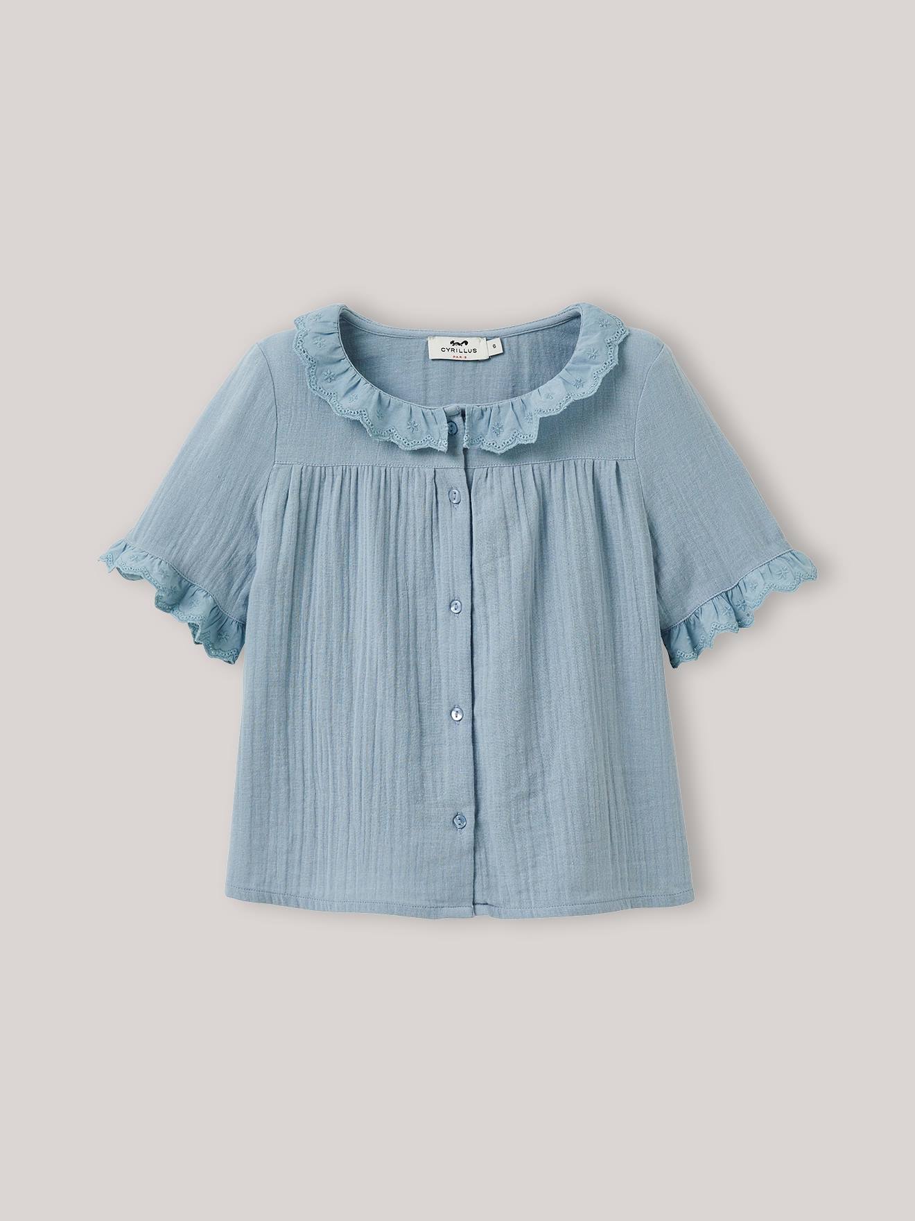 Blouse voor meisjes van gaas - biologisch katoen CYRILLUS jeansblauw afbeelding