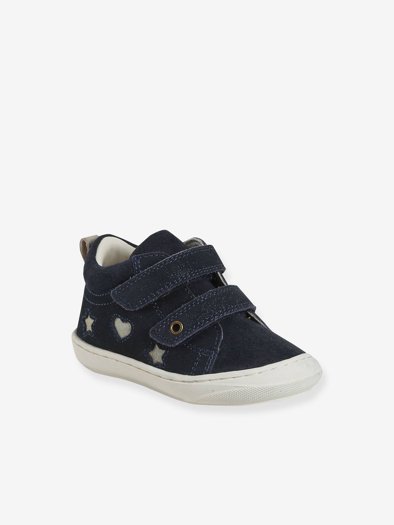 Zachte lederen baby-slofjes voor de eerste stapjes blauw, bedrukt
