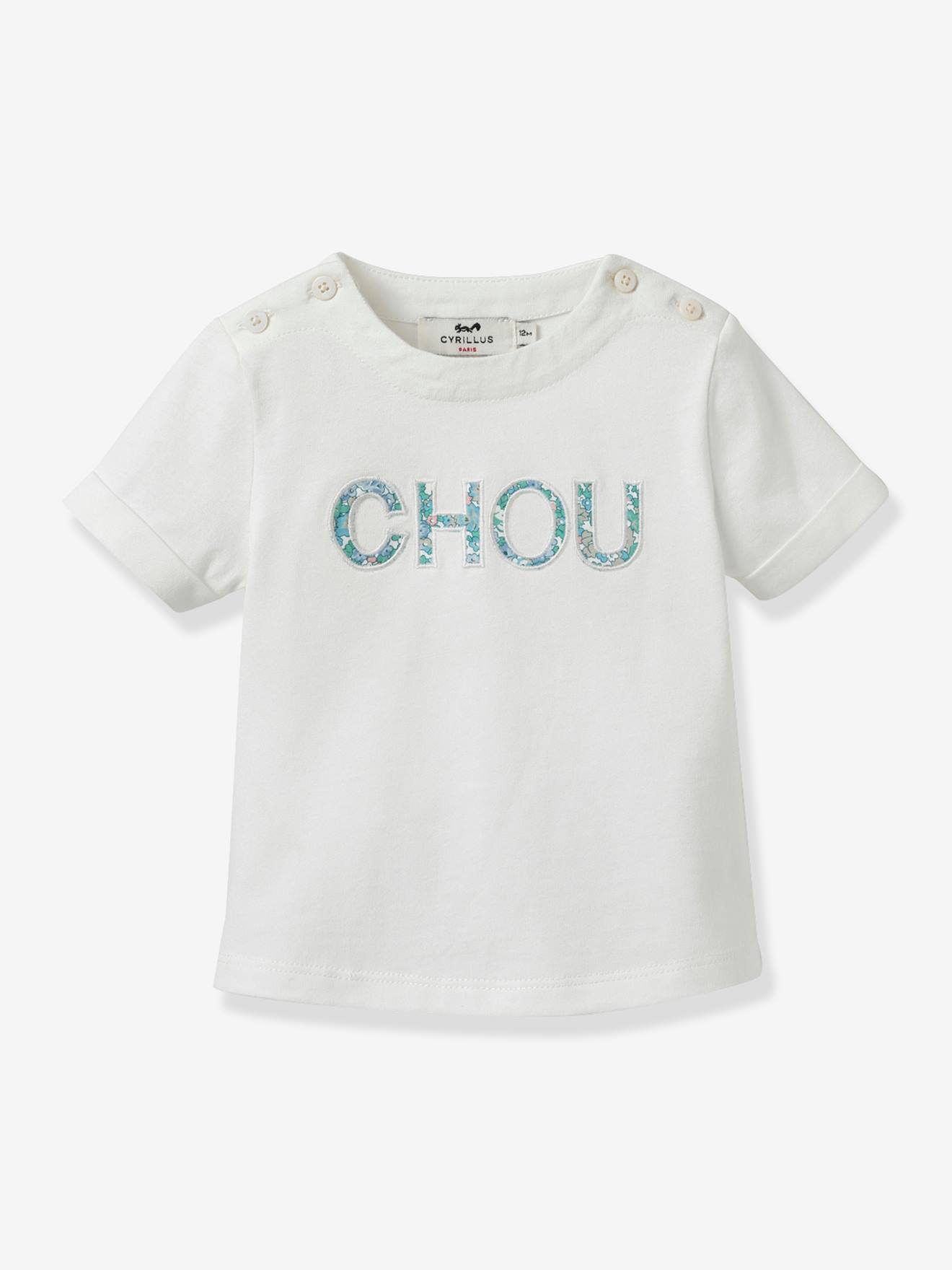 T-shirt baby letters in Liberty® stof - Biologisch katoen CYRILLUS groen, bedrukt afbeelding
