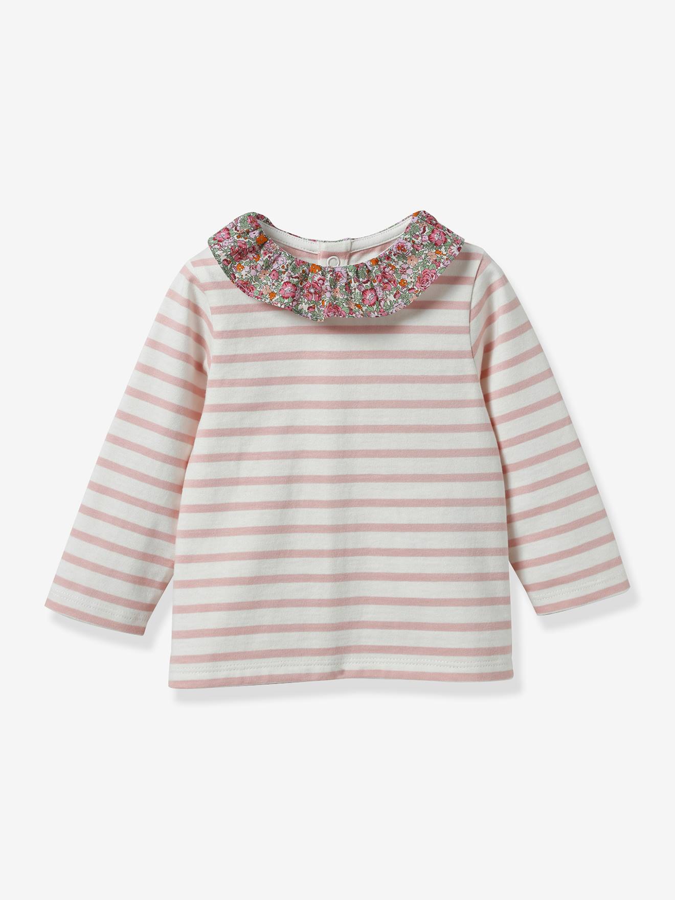 T-shirt met Liberty®-stof baby - Biologisch katoen CYRILLUS roze, bedrukt afbeelding