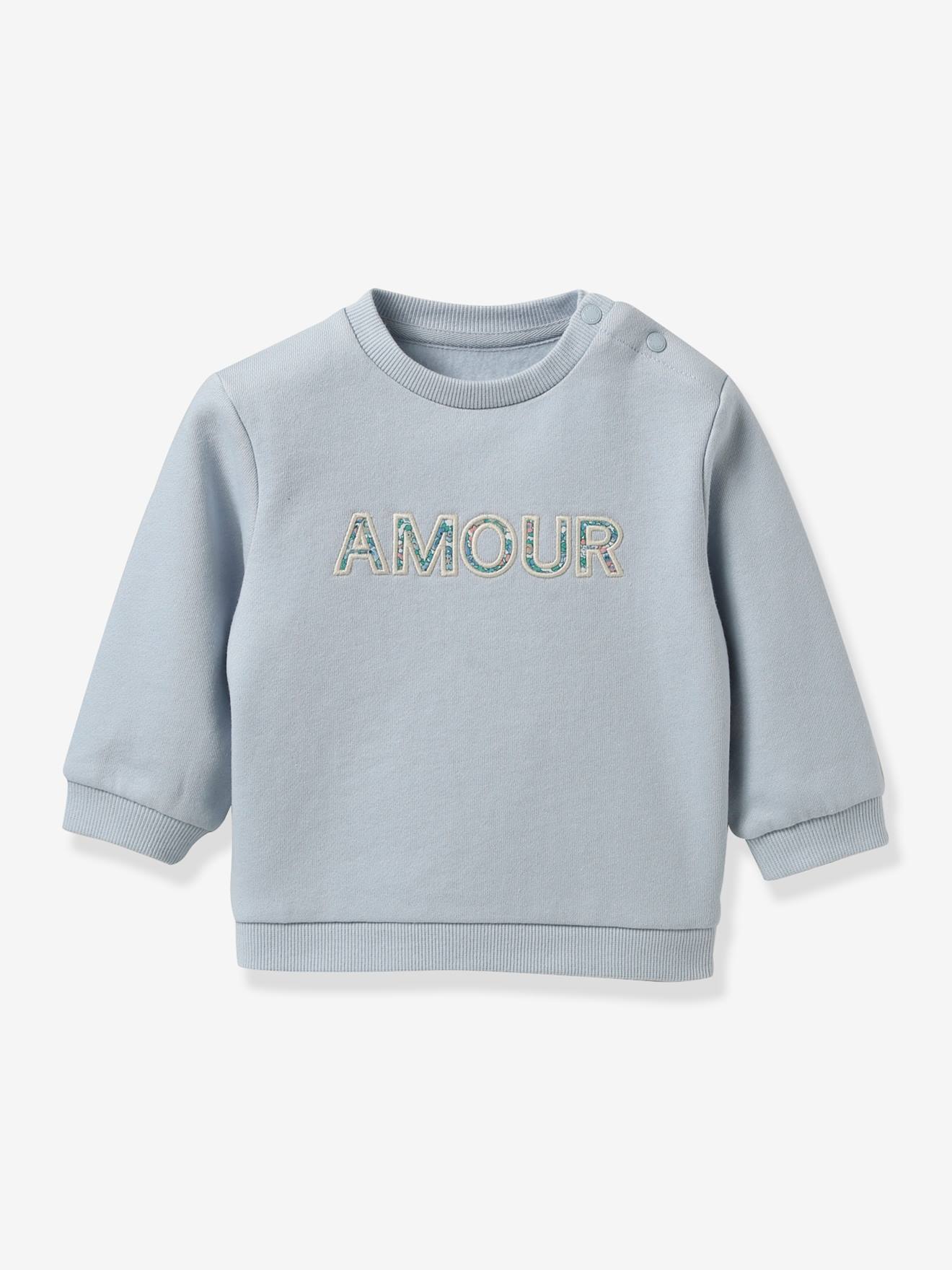 Sweater met letters in Liberty® stof baby - Biologisch katoen CYRILLUS lichtblauw afbeelding