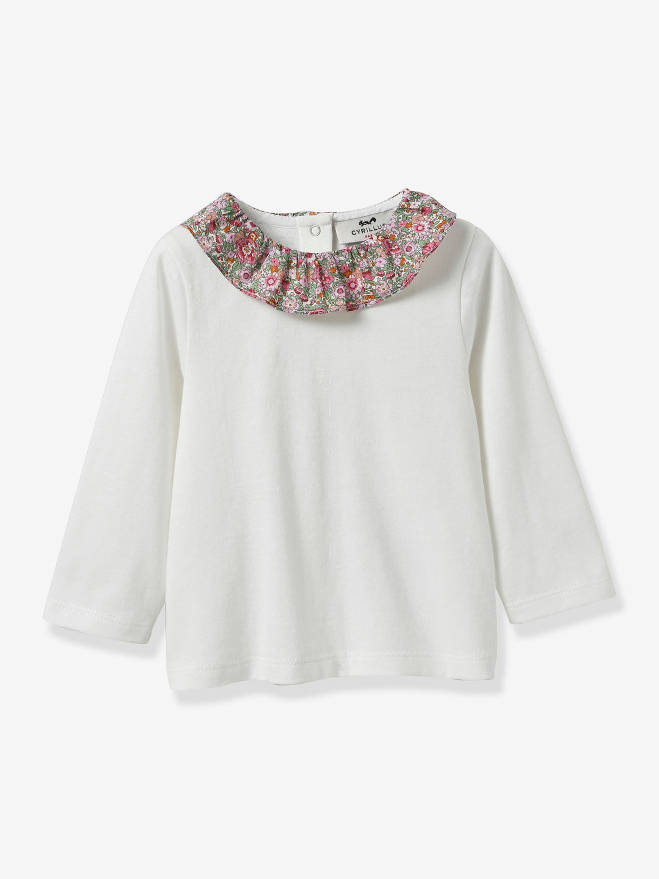 T-shirt met kraag van Liberty® stof baby - biologisch katoen CYRILLUS roze, bedrukt afbeelding