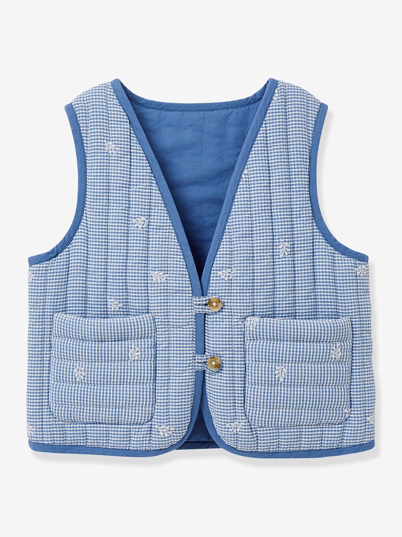 Gewatteerd vestje zonder mouwen voor meisjes CYRILLUS vichy geborduurd blauw, geruit afbeelding