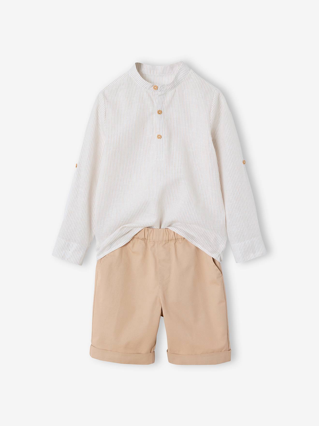 Net jongenshemd, Mao-kraag en korte broek beige