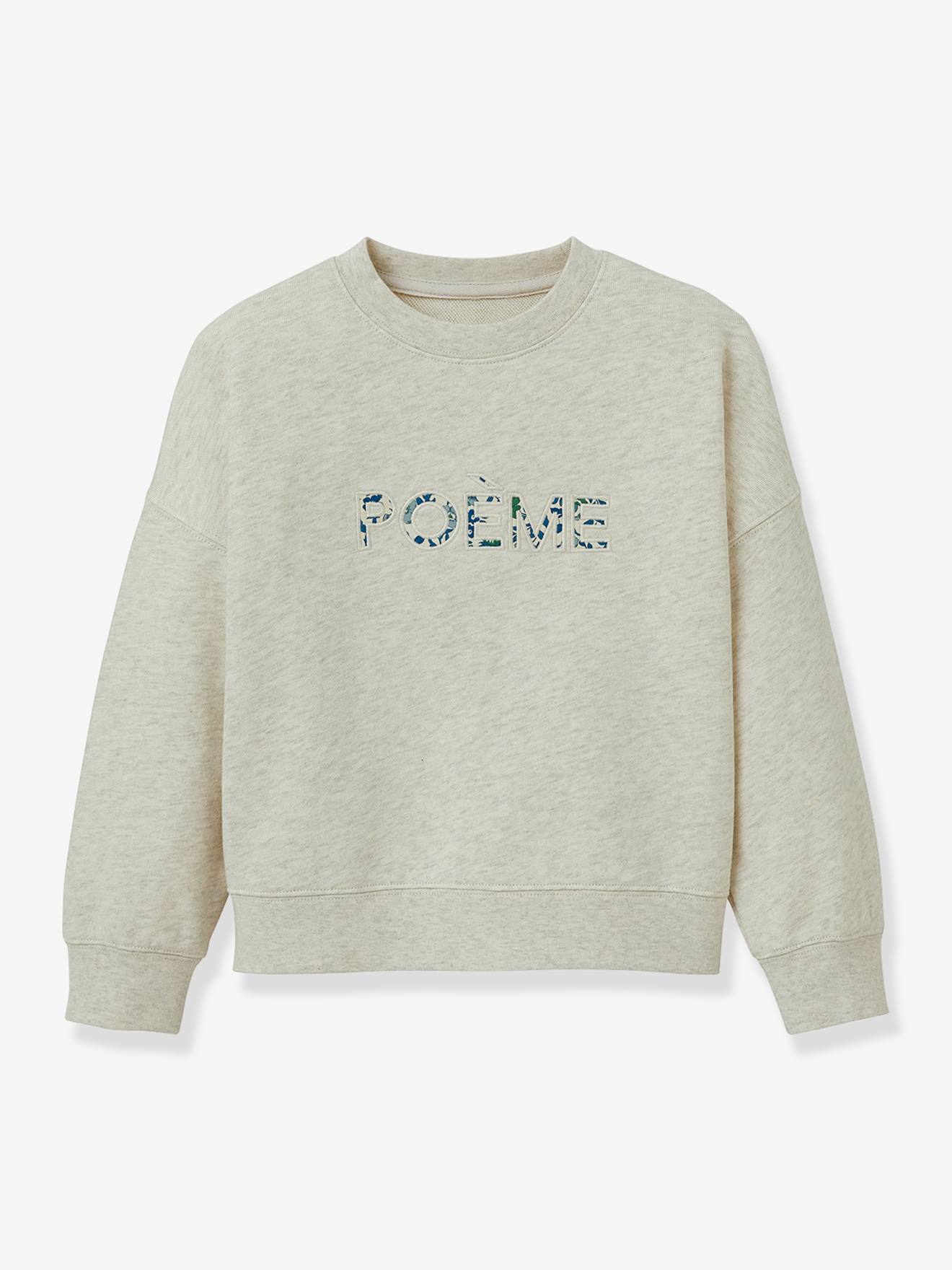 Sweater met tekst voor meisjes in Liberty®-stof van biologisch katoen CYRILLUS ecru afbeelding