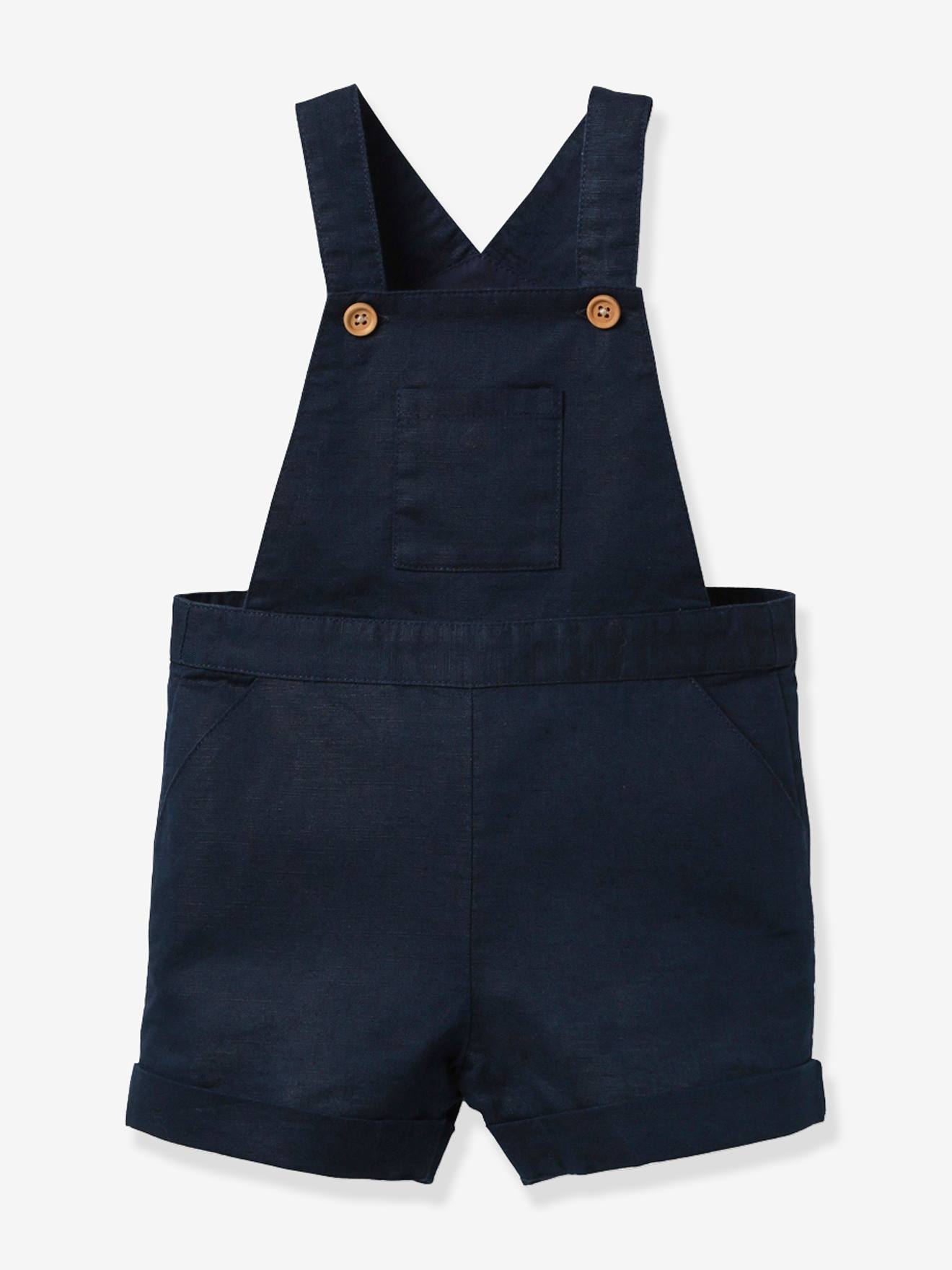 Salopet met short voor baby's van linnen en katoen CYRILLUS marineblauw afbeelding